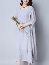 Casual Double Layer Round Neck Asymmetric Hem Plain Maxi Dress