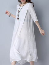 Casual Double Layer Round Neck Asymmetric Hem Plain Maxi Dress