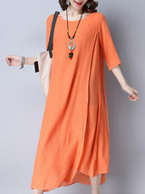 Casual Double Layer Round Neck Asymmetric Hem Plain Maxi Dress