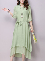 Casual V-Neck Asymmetric Hem Plain Double Layer Maxi Dress