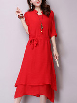 Casual V-Neck Asymmetric Hem Plain Double Layer Maxi Dress