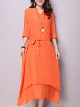Casual V-Neck Asymmetric Hem Plain Double Layer Maxi Dress