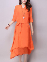 Casual V-Neck Asymmetric Hem Plain Double Layer Maxi Dress