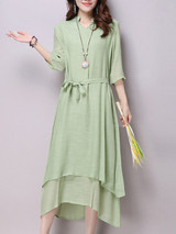 Casual V-Neck Asymmetric Hem Plain Double Layer Maxi Dress
