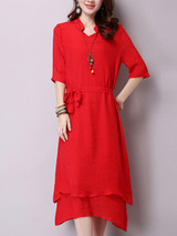 Casual V-Neck Asymmetric Hem Plain Double Layer Maxi Dress