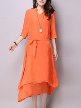 Casual V-Neck Asymmetric Hem Plain Double Layer Maxi Dress