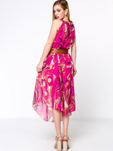 Casual Ruffle Trim Round Neck Printed Chiffon Belt Maxi Dress
