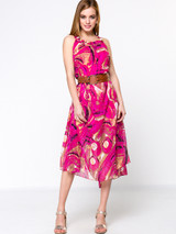 Casual Ruffle Trim Round Neck Printed Chiffon Belt Maxi Dress