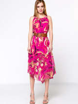Casual Ruffle Trim Round Neck Printed Chiffon Belt Maxi Dress