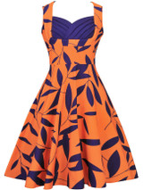 Casual Sweet Heart Pleated Bodice Leaf Printed Skater Dress
