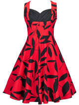 Casual Sweet Heart Pleated Bodice Leaf Printed Skater Dress