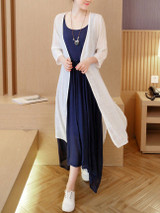 Casual Round Neck Asymmetric Hem Color Block Two-Piece Maxi Dress