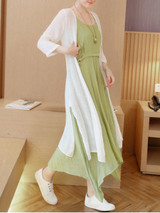 Casual Round Neck Asymmetric Hem Color Block Two-Piece Maxi Dress