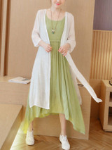 Casual Round Neck Asymmetric Hem Color Block Two-Piece Maxi Dress