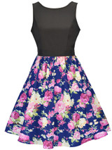 Casual Round Neck Bowknot Floral Printed Classic Skater Dress