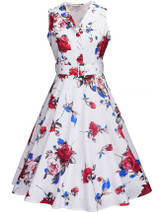 Casual Shawl Collar Belt Retro Style Floral Printed Skater Dress
