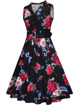 Casual Shawl Collar Belt Retro Style Floral Printed Skater Dress