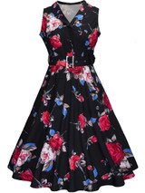 Casual Shawl Collar Belt Retro Style Floral Printed Skater Dress