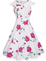 Casual Lapel Bowknot Belt Floral Printed Skater Dress