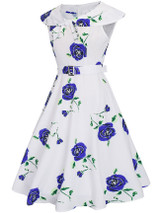 Casual Lapel Bowknot Belt Floral Printed Skater Dress