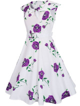 Casual Lapel Bowknot Belt Floral Printed Skater Dress