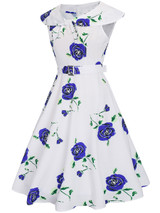Casual Lapel Bowknot Belt Floral Printed Skater Dress
