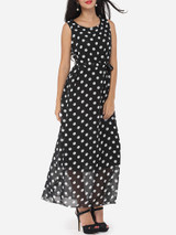 Casual Polka Dot Bowknot Elegant Round Neck Maxi-dress