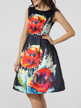 Casual Boat Neck Floral Printed Skater Dress