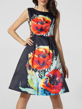 Casual Boat Neck Floral Printed Skater Dress