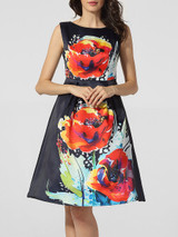 Casual Boat Neck Floral Printed Skater Dress
