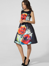 Casual Boat Neck Floral Printed Skater Dress