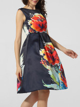 Casual Boat Neck Floral Printed Skater Dress