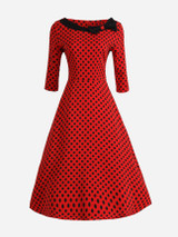 Casual Boat Neck Bowknot Polka Dot Skater Dress