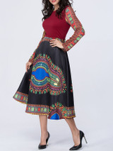 Casual Tribal Printed Color Block Round Neck Skater Dress Casual Tribal Printed Color Block Round Neck Skater Dress