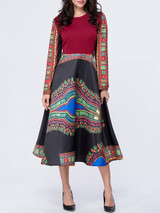 Casual Tribal Printed Color Block Round Neck Skater Dress Casual Tribal Printed Color Block Round Neck Skater Dress