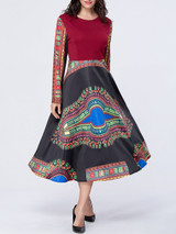 Casual Tribal Printed Color Block Round Neck Skater Dress Casual Tribal Printed Color Block Round Neck Skater Dress