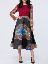 Casual Tribal Printed Color Block Round Neck Skater Dress Casual Tribal Printed Color Block Round Neck Skater Dress