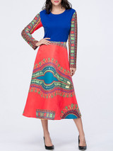 Casual Tribal Printed Color Block Round Neck Skater Dress Casual Tribal Printed Color Block Round Neck Skater Dress