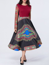 Casual Tribal Printed Color Block Round Neck Skater Dress Casual Tribal Printed Color Block Round Neck Skater Dress