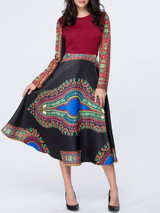 Casual Tribal Printed Color Block Round Neck Skater Dress Casual Tribal Printed Color Block Round Neck Skater Dress