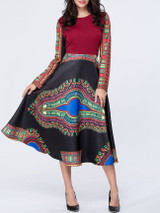 Casual Tribal Printed Color Block Round Neck Skater Dress Casual Tribal Printed Color Block Round Neck Skater Dress