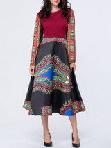 Casual Tribal Printed Color Block Round Neck Skater Dress Casual Tribal Printed Color Block Round Neck Skater Dress