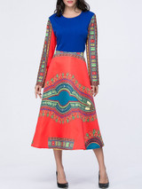 Casual Tribal Printed Color Block Round Neck Skater Dress Casual Tribal Printed Color Block Round Neck Skater Dress
