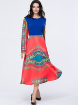 Casual Tribal Printed Color Block Round Neck Skater Dress Casual Tribal Printed Color Block Round Neck Skater Dress