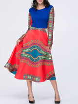 Casual Tribal Printed Color Block Round Neck Skater Dress Casual Tribal Printed Color Block Round Neck Skater Dress