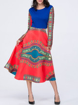 Casual Tribal Printed Color Block Round Neck Skater Dress Casual Tribal Printed Color Block Round Neck Skater Dress