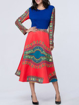 Casual Tribal Printed Color Block Round Neck Skater Dress Casual Tribal Printed Color Block Round Neck Skater Dress