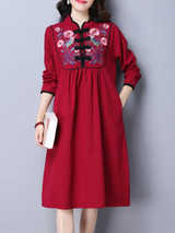 Casual Extraordinary Band Collar Slit Pocket Embroidery Shift Dress