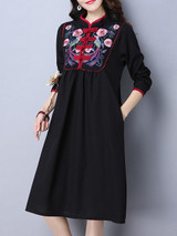 Casual Extraordinary Band Collar Slit Pocket Embroidery Shift Dress