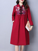 Casual Extraordinary Band Collar Slit Pocket Embroidery Shift Dress